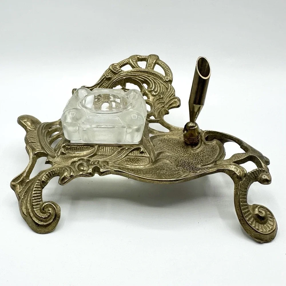Vintage Heavy Brass Inkwell Pen Holder Art Nouveau Celluloid Fountain Pen Ink